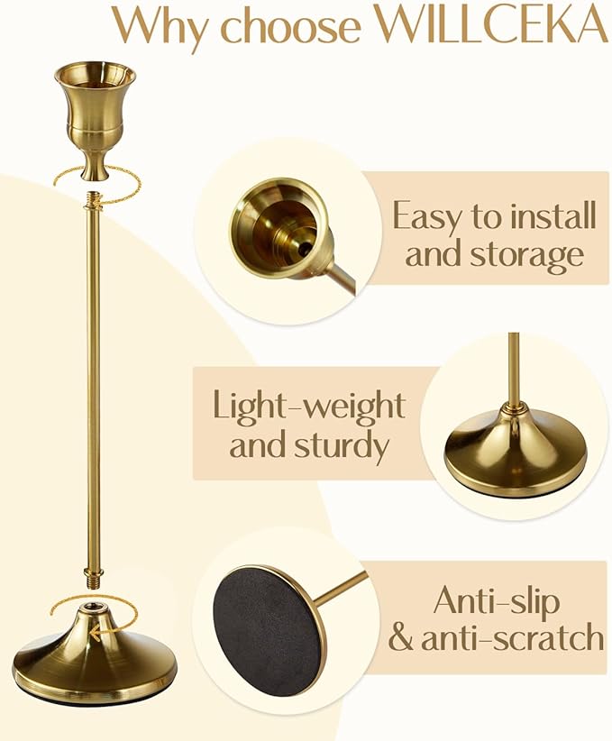 Willceka Gold Candlestick Holders, Taper Candle Holders, Set of 3 Brass Candle Holder Set, Vintage Table Centerpiece for Wedding Christmas Holiday