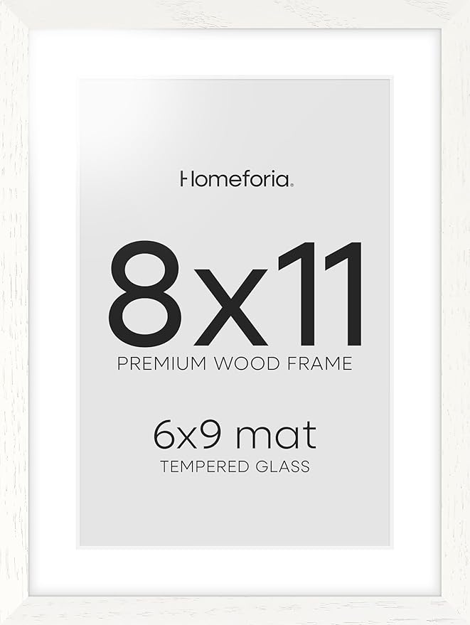 Homeforia 8x11 Picture Frame White, High End Oak 8 x 11 Wood Frames with Mat 6 by 9 Print, 8by11 Wooden Frame Matted to 6x9 inch Photo, 11x8 Wall or Tabletop Frames, Tempered Glass, Wall Kit, Set of 1
