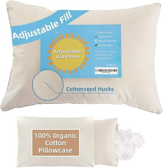 LOFE Organic Toddler Pillow with Pillowcase - 13x18 Toddler Pillow with 100% Organic Cotton Shell, Adjustable Loft Organic Kid Plilow, Machine Washable, Soft, Perfect for Kids&Toddler&Children