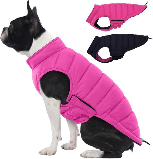 Lelepet Reversible Dog Coat Waterproof Dog Jacket Windproof Puffer Vest for Winter Warm Lightweight Coats for Small Dogs Adjustbale Hook & Loop Pet Apparel with Leash Hole, Chihuahua, Rose Red, XS