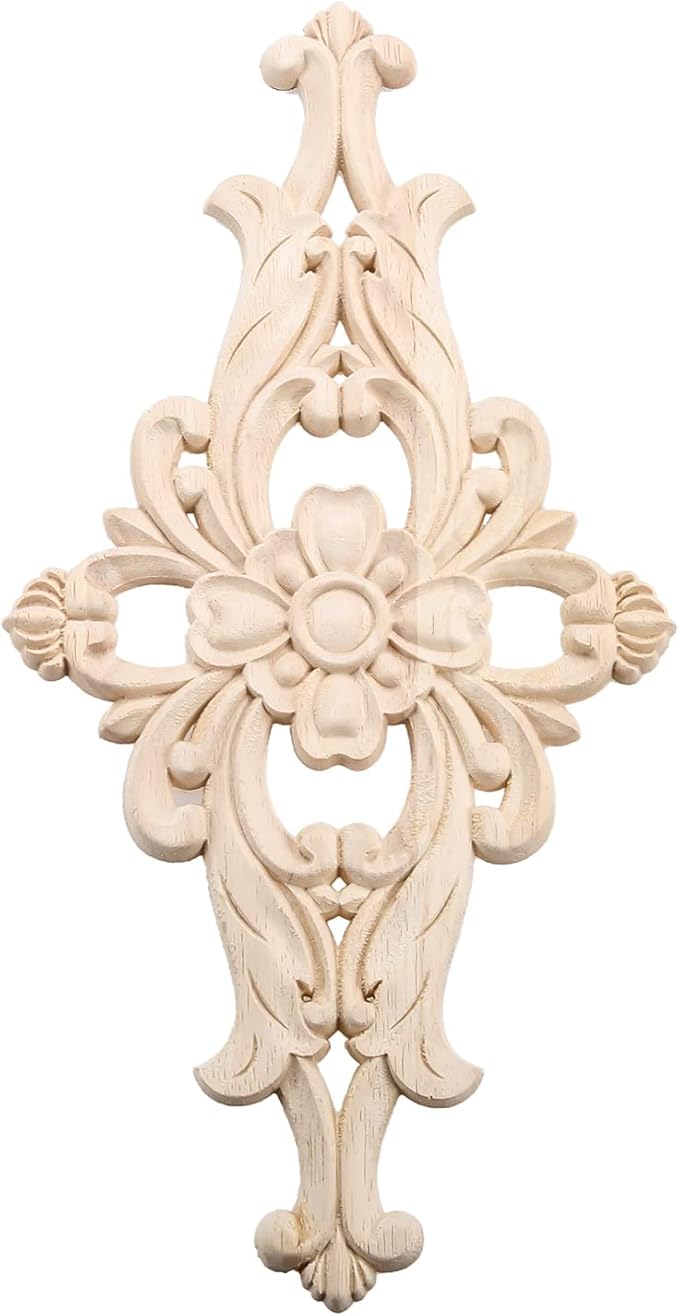 MUXSAM Wood Carved Appliques Furniture Decorative Onlays, 1Pc Unpainted DIY Center Carving Decal for Door Wall Ceiling Cabinet Dresser Mirror Bed Mantel Bench Decoration, 32x16cm/12.6"x6.3"