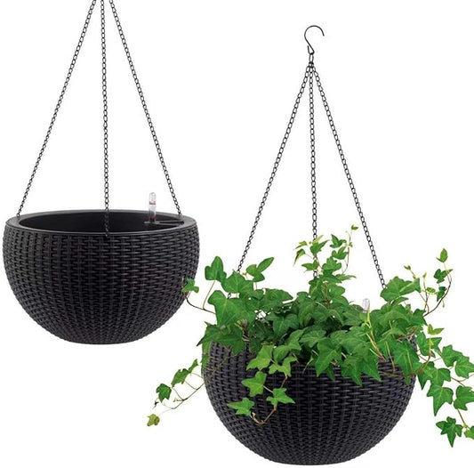 2Pack 13.5" High Hanging Planters for Outdoor/Indoor Plants, Self Watering Hanging Pot with Water Level Indicato, Drainage Holes and Chain for Garden Porch, Black