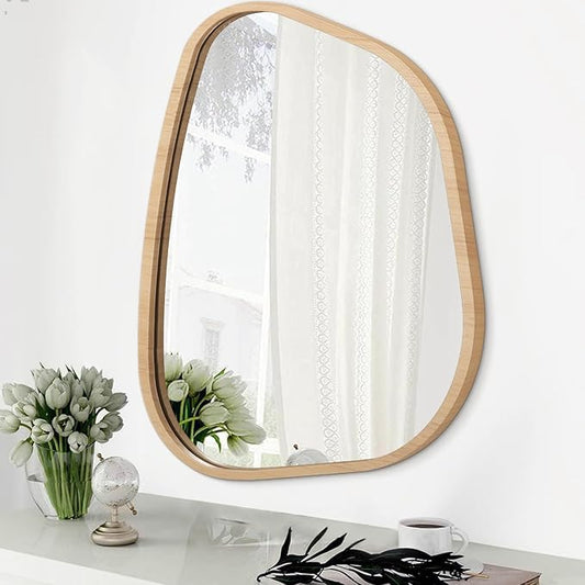 Irregular Bathroom Mirror Modern Wall Mirror Asymmetrical Wooden Framed Wall Mirror Unique Shape Wall Mounted Vanity Artistic Mirror Decor for Living Room Bedroom Entryway Small 16"x12"