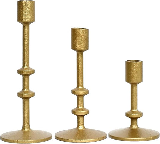 SwallowLiving Candle Holder Table Decor, Antique Brass Gold Taper Candle Holder Set of 3, Iron Candlestick Holders for Pillar Candles, Vintage Decor Centerpiece Table Decorations for Wedding Christmas