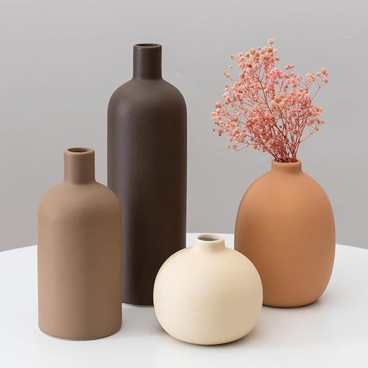Ceramic Vase Set of 4, Modern Neutral Colors Home Decor, Rustic Farmhouse Decorative Flowers Vases for Bouquet, Pampas | Table Mantel Centerpiece Bookshelf Living Room Bedroom (Neutral Mix Set of 4)