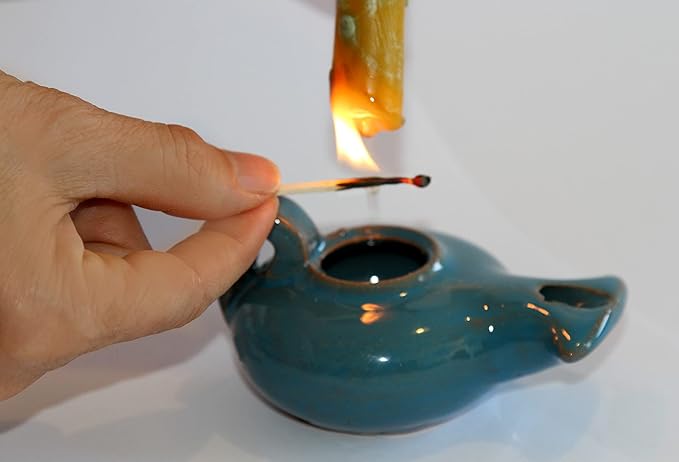 Herodian Blue Glazed Oil Lamp with Handle – Authentic Biblical Clay Candle Holder Replica from The Holy Land - Handmade Judaica & Christian Faith Gift with Certificate of Authenticity