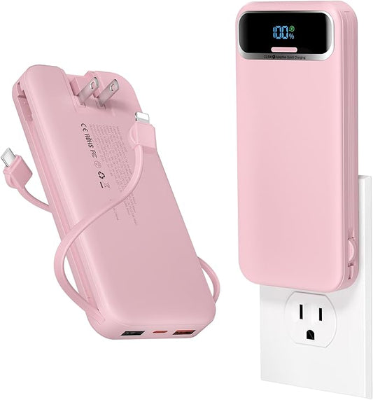 12000mAh Lightweight-Portable-Charger-Power-Bank with Built-in Cables and AC Wall Plug, PD20W USB-C Fast Charging Battery Pack, LED Display External Travel Phone Charger for All iPhone,Samsung,Android