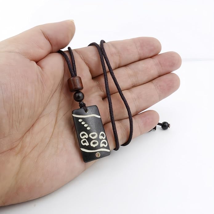 Handmade Black Bull Bone Pendant Necklace, Traditional Tribal Design, Wooden Beads, Adjustable Braided Rope, 24 Inch, Surfer Style