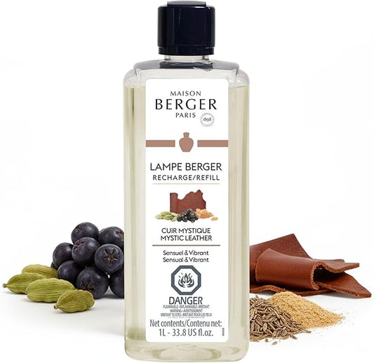 Maison Berger Mystic Leather Refill – 1L (33.8 Fluid Ounces) Home Fragrance for Lampe Berger Diffuser Leather and Incense Scent. Air Purifier. Luxury French Perfume. Long-Lasting Holiday Aroma