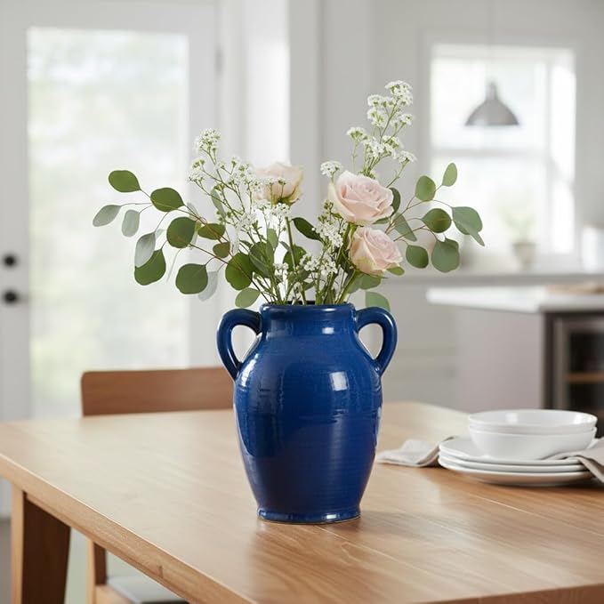 Sunddo Blue Ceramic Vase for Pampas Grass, 8 Inch Modern Decorative Vase with 2 Handles, Blue Centerpiece for Living Room Dining Entryway Living Table Farmhouse Office Decor