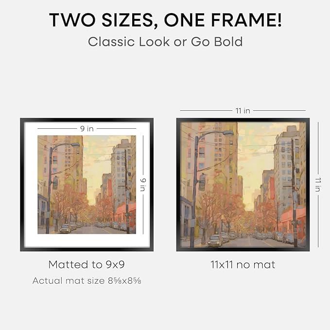 Homeforia 11x11 Picture Frame Black, High End Metal 11 by 11 Square Frames with Mat 9 x 9 Opening, 11by11 Poster Frames Matted to 9x9 inch Photo, Wall Hanging Frame, Tempered Glass, Wall Kit, Set of 3