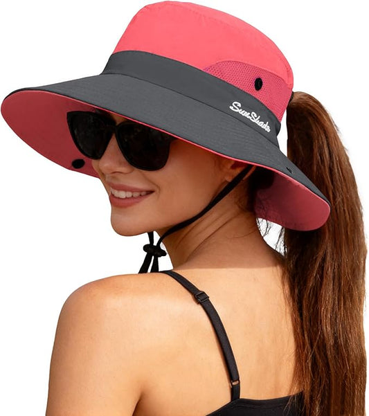 ZOORON Women's Ponytail Safari Sun Hat,Wide Brim UV Protection Outdoor Bucket Hat,Foldable Beach Summer Fishing Hat