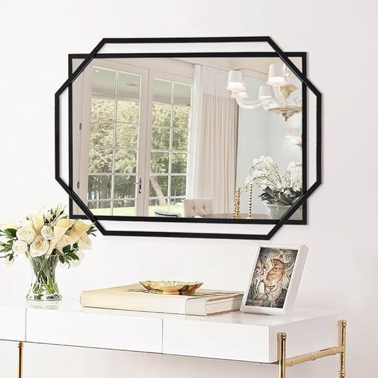 Decorative Wall Mirror, 40" x 28" Black Frame Bathroom Mirror for Wall with Modern Metal Octagonal, for Living Room, Dining Room, Entryway