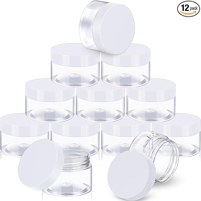 SATINIOR 12 Pack 12 oz Plastic Container Jars with Lids Round Clear Travel Cosmetic Container Slime Jars for Toiletries, Lotion, Cream, Ointments, Makeup, Rhinestone, Samples, Kitchen Storage(White)