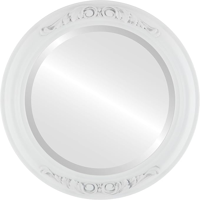 OVALCREST Round Beveled Wall Mirror for Home Decor - Florence Style - Linen White - 18x18 Outside Dimensions