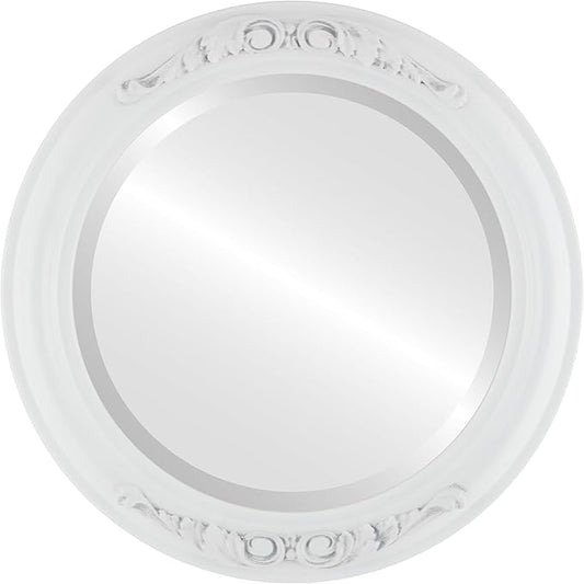 OVALCREST Round Beveled Wall Mirror for Home Decor - Florence Style - Linen White - 28x28 Outside Dimensions