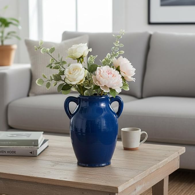 Sunddo Blue Ceramic Vase for Pampas Grass, 8 Inch Modern Decorative Vase with 2 Handles, Blue Centerpiece for Living Room Dining Entryway Living Table Farmhouse Office Decor