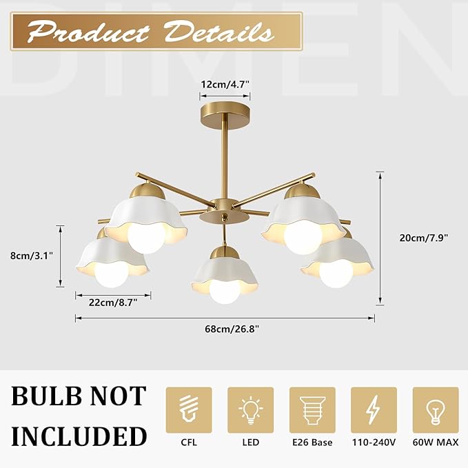 5-Light Modern Chandelier Large Opal White Glass Sputnik Pendant Light Fixture Brass Semi Flush Mount Ceiling Light Vintage Living Room Close to Ceiling Chandelier Light for Bedroom MCL08-5 GD