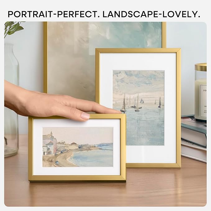 Homeforia 8x11 Picture Frame Gold, High End Metal 8 x 11 Poster Frames with Mat 6 by 9 for Photo, 11x8 Frame Matted to 6x9 inch Print, 8by11 Wall or Tabletop Frames, Tempered Glass, Wall Kit, Set of 1