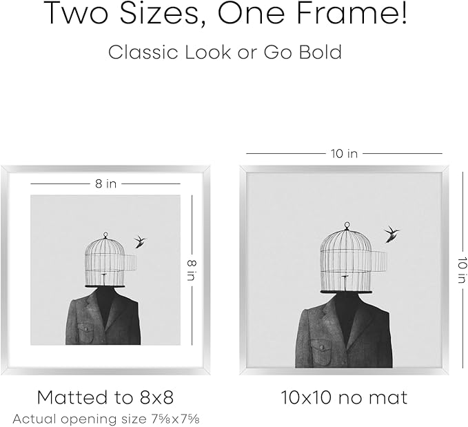Homeforia 10x10 Picture Frame Silver, High End Metal 10 by 10 Square Frames with Mat 8 x 8 inch Photo, 10by10 Poster Frame Matted to 8x8 Art, Wall or Tabletop Frame, Tempered Glass, Wall Kit, Set of 2