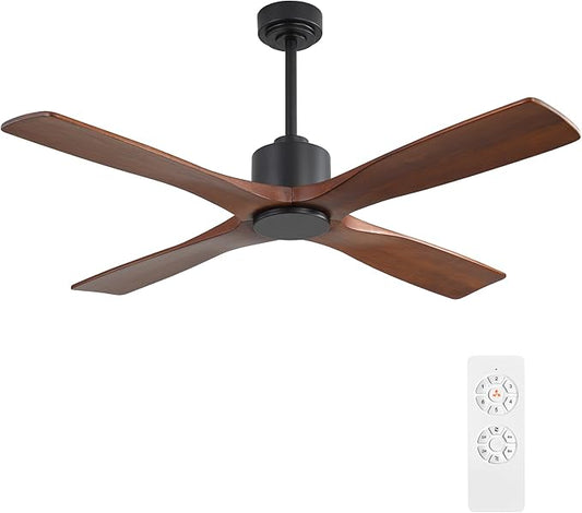 WINGBO 54 Inch DC Ceiling Fan without Lights, 4 Carved Solid Wood Blades, 6-Speed Noiseless Reversible DC Motor, Modern Ceiling Fan No Light with Remote, Black Finish with Walnut Blades, ETL Listed