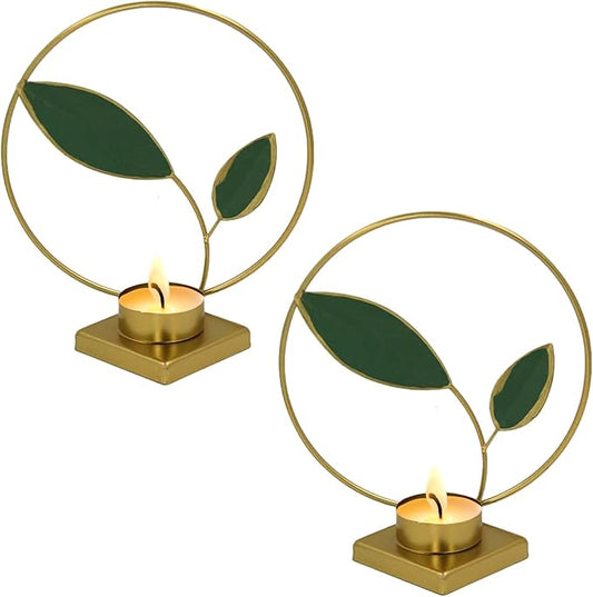 2-Pack Brass Floral Candle Holders – Elegant Leaf Design Tealight Holders for Table Centerpieces, Wedding, Housewarming & Holiday Décor (Green Leaf)