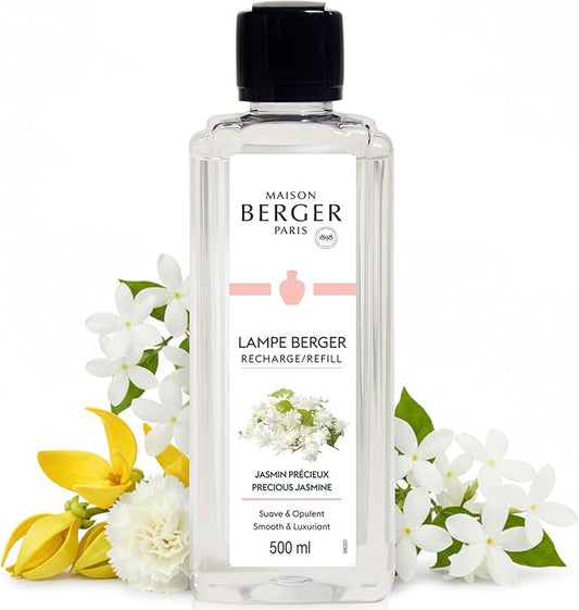 MAISON BERGER Precious Jasmine Lampe Berger Refill, 500 ml (16.9 fl oz), Odor-Neutralizing Home Fragrance Oil Lamps, Jasmine, Ylang Ylang, Carnation, Peony, Peach, Made in France