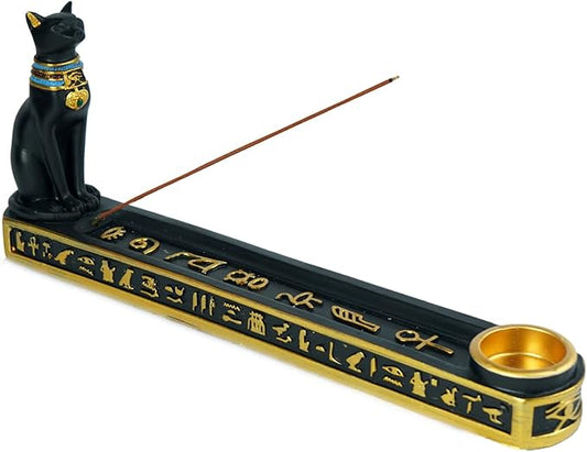 OwMell Egyptian Incense Holder for Sticks, Egyptian Cone Incense Burner with Ash Catcher, Incense Tray for Sticks 10" - Egyptian Cat