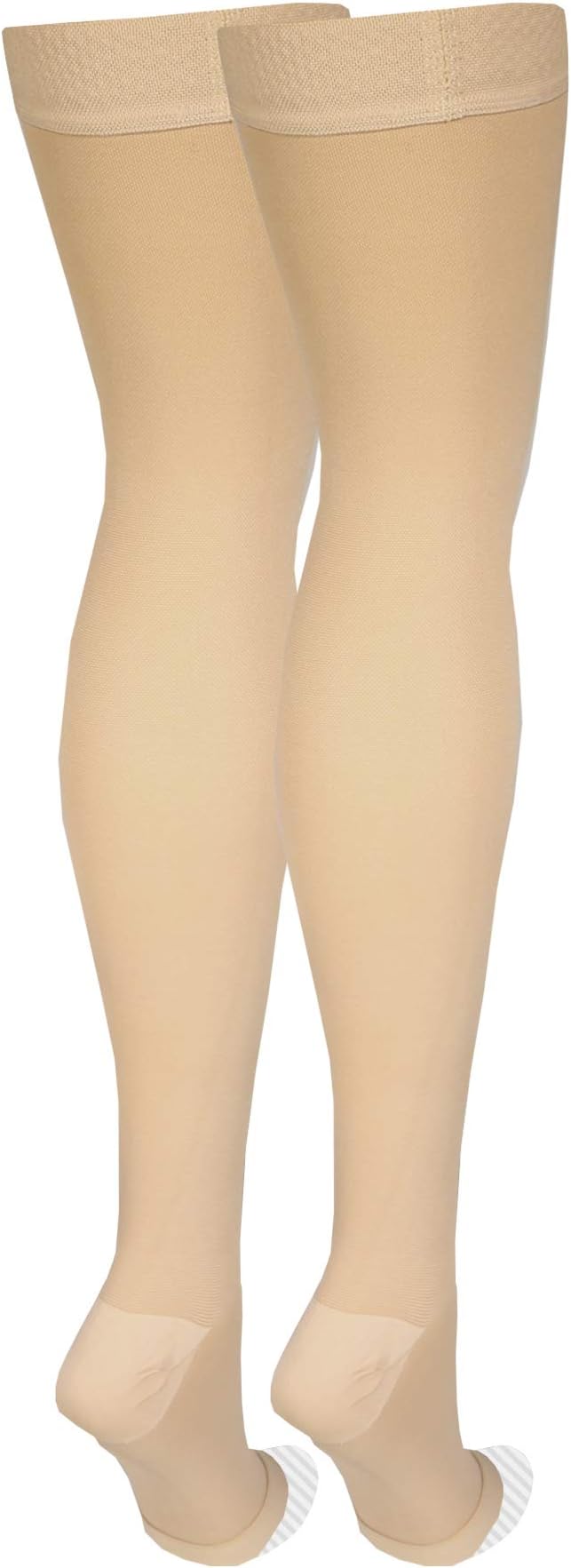 Amazon Basic Care Medical Compression Stockings, 20-30 mmHg Support, Women & Men Thigh Length Hose, Open Toe, Beige, Small (Previously NuVein)