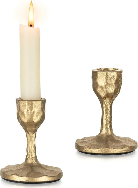 Antique Brass Candlestick Holders: Cast Iron Taper Candle Holder Handcrafted Gold Vintage Candle Sticks Holder Rustic Fall Decor for Dinning Table Mantel Home Party Set of 2