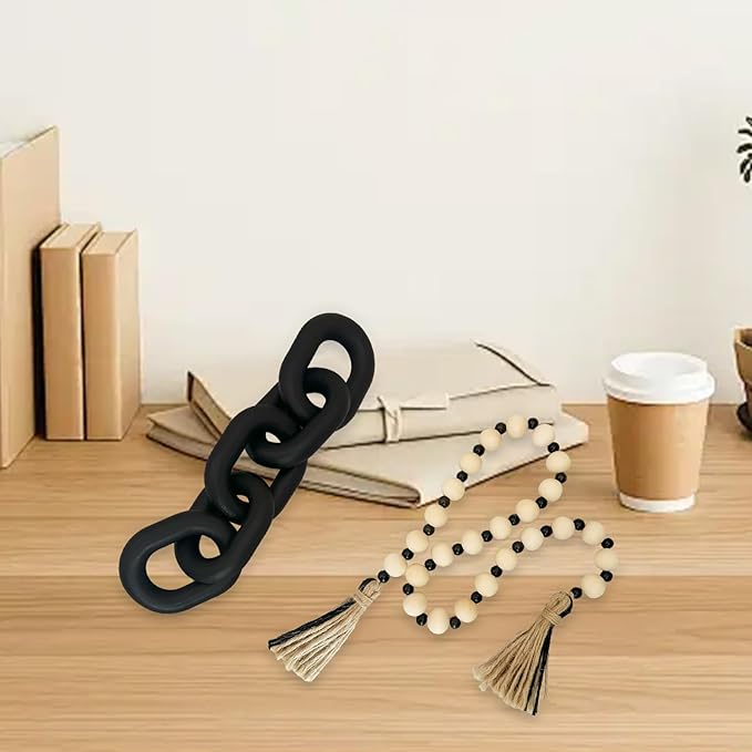 2 Pieces Decorative 5 Link Wooden Chain Decor and Bead Boho Farmhouse Rustic Home Table Decor Coffee Table Shelf Aesthetic Modern Bookshelf Table Wooden Decortion (Black)
