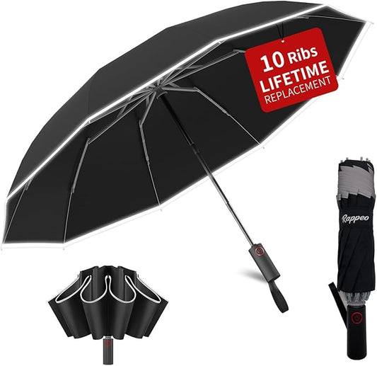 Rappeo 4-in-1 Inverted Travel Umbrella Compact, Automatic Large Umbrellas for Rain & Sun, Portable Windproof Umbrella for Backpack, Reverse Folding Umbrella for UV with Reflective Strips,Lightweight