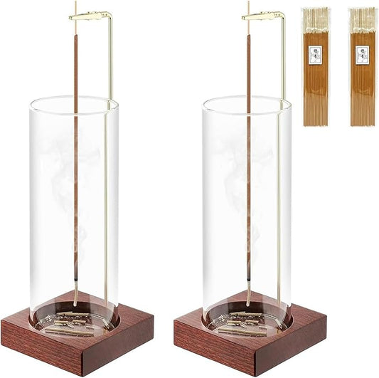 Incense Holder,Wooden Incense Holder for Sticks with 20 Incense Sticks, Anti-ash Incense Burner with Glass Ash Catcher, Wood Incense Holder 20 Stick (2 Pack Wooden Round)