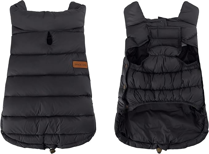 SPACE LION Dog Puffer Jacket, Down Winter Coat, Durable Outdoor Coat for Cold and Windy Conditions, Lightweight & Adjustable Fit Coats for Small & Medium Dogs, (Black, Size12/M)