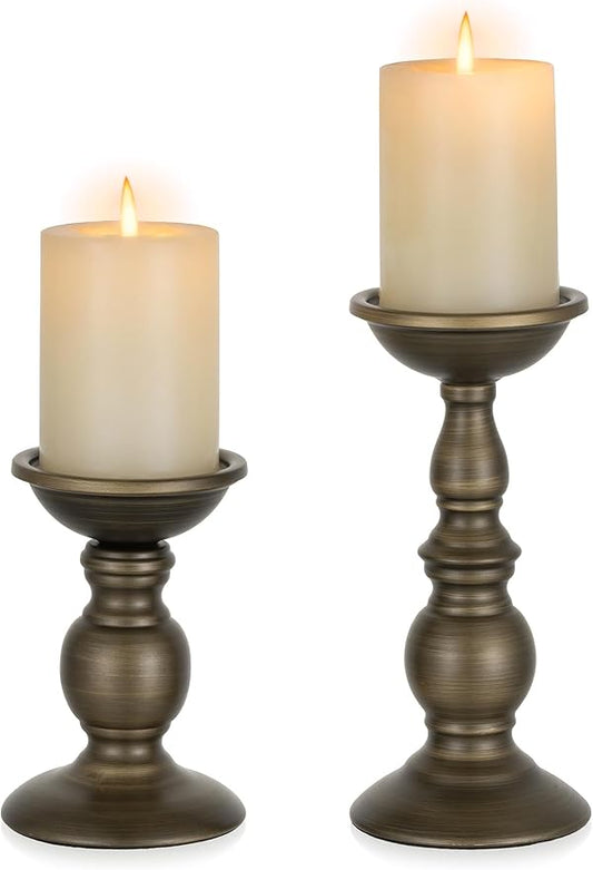 Bronze 2 Pcs Iron Pillar Candle Holders, Most Ideal for 3" Pillar Candles, Gifts for Wedding, Party, Home, Spa, Reiki, Votive Candle (S + L)