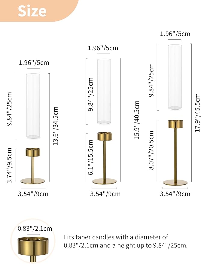 NUPTIO Candlestick Holders for Table Centerpiece: Set of 3 Gold Candle Sticks Holder with Clear Glass Hurricane - Tall Brass Taper Candle Holders for Outdoor Wedding Birthday Decor