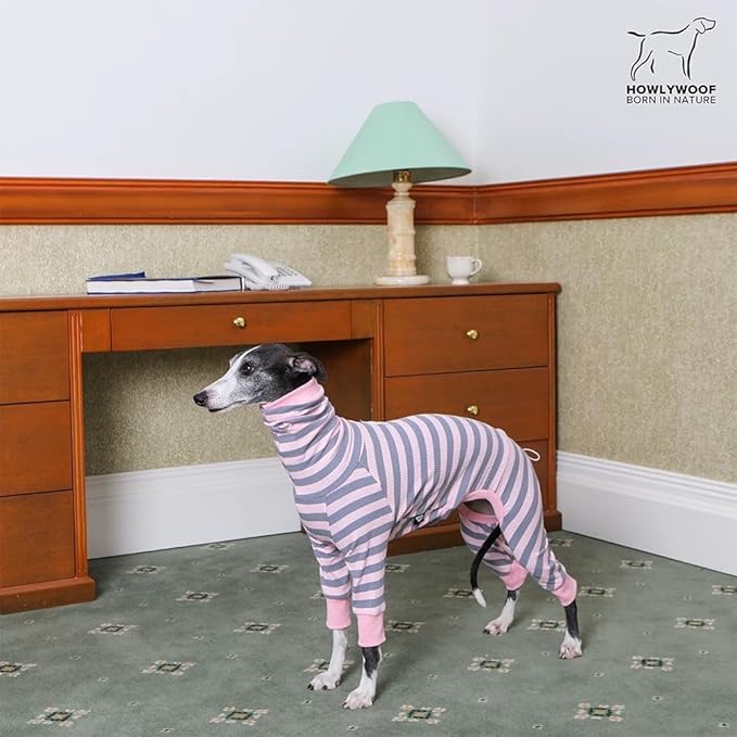 HowlyWoof Dachshund Dog Shirt, Thin Striped Base Layer Onesie for Wiener Dogs, Lightweight All-Season Wear, Soft & Comfy Fit for Doxie and Short-Leg Breeds (Pink&Grey, Size 1 (7-11lbs))