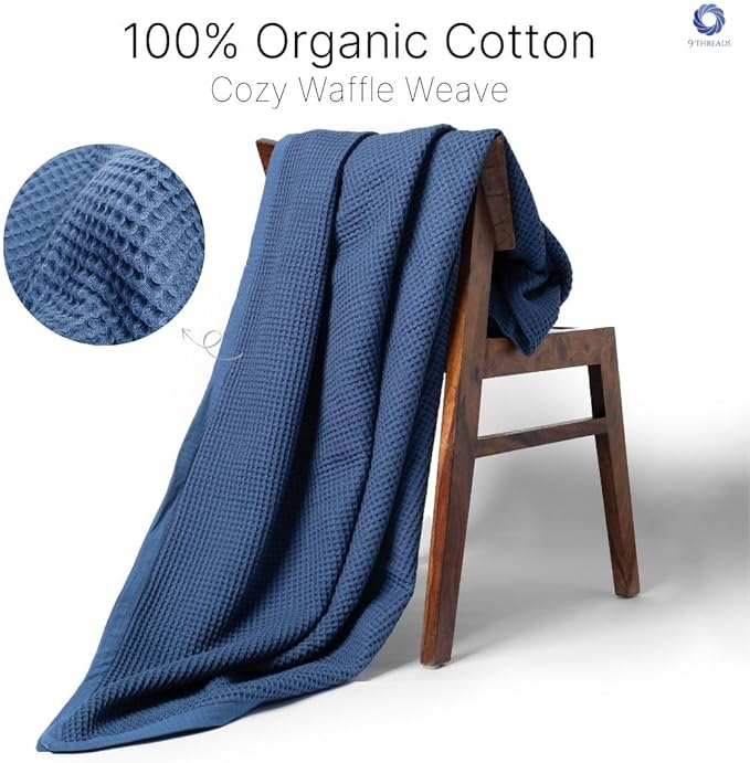 GOTS Certified Organic Cotton Waffle Weave Blanket, Twin Bed Size, 66"X90"Cozy Throw Blanket for Couch, Modern Home Decor, Throw Blankets,Comfy Waffle Blanket Soft Bed Blankets -Navy Blue