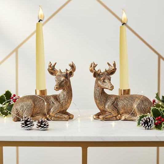 Gold Animal Candle Holders - Deer Set of 2 Vintage Rustic Pedestal Candlesticks,Holiday & Themed Decor, Easter Decorations, Centerpieces for Fireplace Mantle & Dining Table