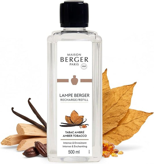 MAISON BERGER Amber Tobacco Lampe Berger Refill, 500 ml (16.9 fl oz), Odor-Neutralizing Home Fragrance Oil Lamps, Black Pepper, Apple, Patchouli, Cedarwood, Amber, Made in France