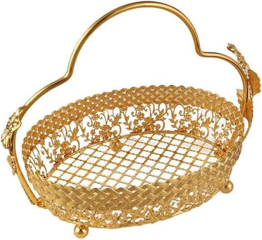 Metal Fruit Basket 11x8 Inch - Gold Decorative Storage Organizer for Coffee Table,Rustproof Iron Wire Basket with Handle for Office/Living Room