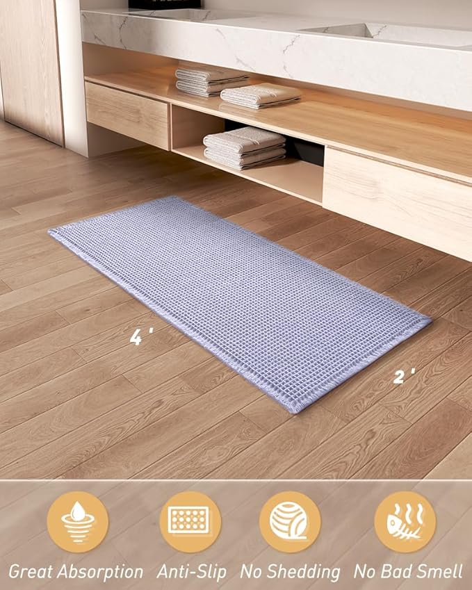Upgraded Waffle Runner Rug Super Absorbent Non Slip Bath Mats for Bathroom Machine Washable Bathroom Runner Rug with Tassels, Ideal for Hallway Bedroom Laundry Room, 2' x 4' (24" x 48"), Purple
