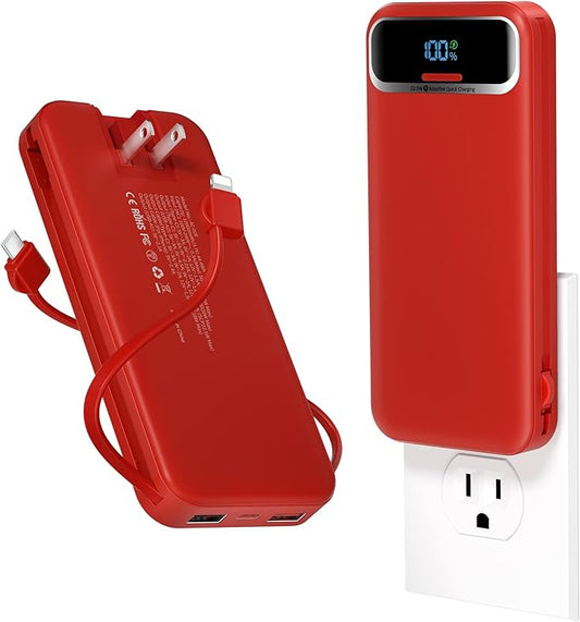 12000mAh Lightweight-Portable-Charger-Power-Bank with Built-in Cables and AC Wall Plug, PD20W USB-C Fast Charging Battery Pack, LED Display External Travel Phone Charger for All iPhone,Samsung,Android