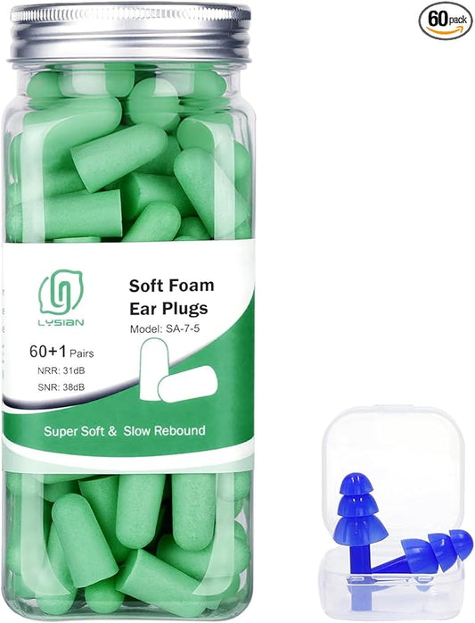 LYSIAN Ultra Soft Foam Earplugs for Sleep – 38dB SNR Disposable Ear Plugs for Sleeping, Snoring, Work & Shooting. Comfortable, Soundproof & Noise Cancelling – 60 Pairs (Green).