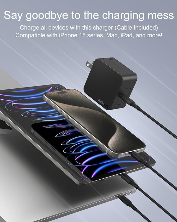 60W USB C Charger Fast Charging, Nekteck GaN Tech PD 3.0 Fast Charging with Foldable Plug, Compatible with MacBook Air/Pro, iPhone 15/16/17 Series