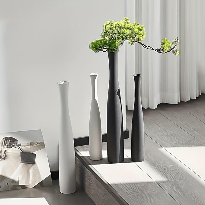 Matte Black Vase 2PCs| Minimalist Vase for Home Decor | Tall Skinny Vases | 3D Printed Plastic Faux Ceramic Cylinder | Aesthetic Single Stem Holder for Wedding Living Room Table Centerpiece (White)
