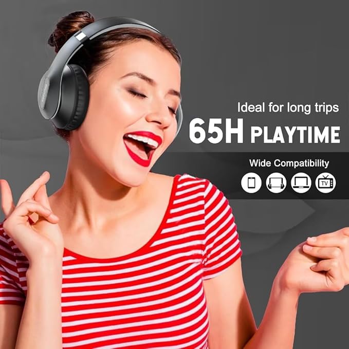 Wireless Bluetooth Headphones Over Ear 65H Playtime HiFi Stereo Headset with Microphone and 6EQ Modes Foldable Bluetooth V5.3 Headphones for Travel Smartphone Computer Laptop