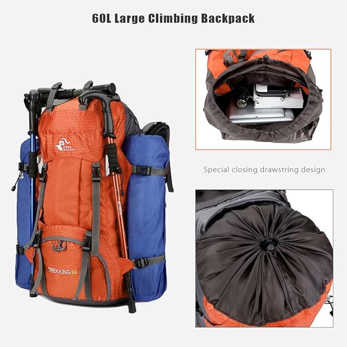 Bseash 60L Waterproof Hiking Camping Backpack with Rain Cover, Large Outdoor Sport Travel Daypack Rucksack for Climbing