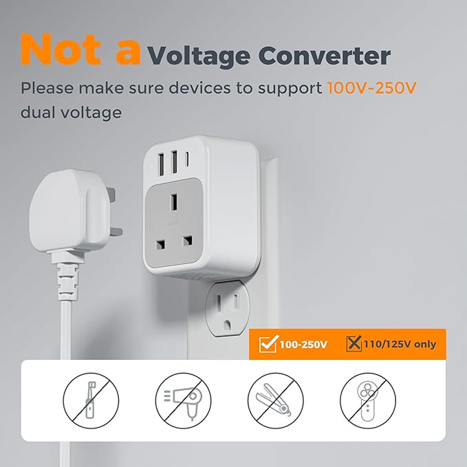 TESSAN UK to US Plug Adapter, UK Adapters for Travel with AC Outlet 3 USB (1 USB C), Type G Power Adapter Ireland London Scotland Kenya Dubai Singapore to Type B USA Travel Adaptor
