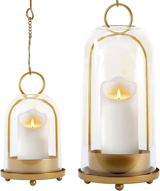 Hurricane Glass Candle Holders, Large & Medium Brass Lanterns Hurricane Candlestick Holder for Pillar Candles Vintage, Gold Metal Rustic Farmhouse Decor with Hook Chains